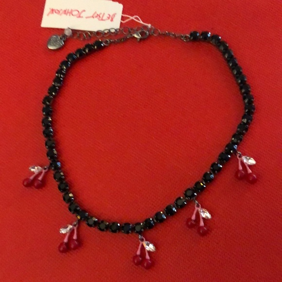 Betsey Johnson Hematite Tone Black Crystal Tennis Necklace Cherry Charms NWT - Picture 7 of 12